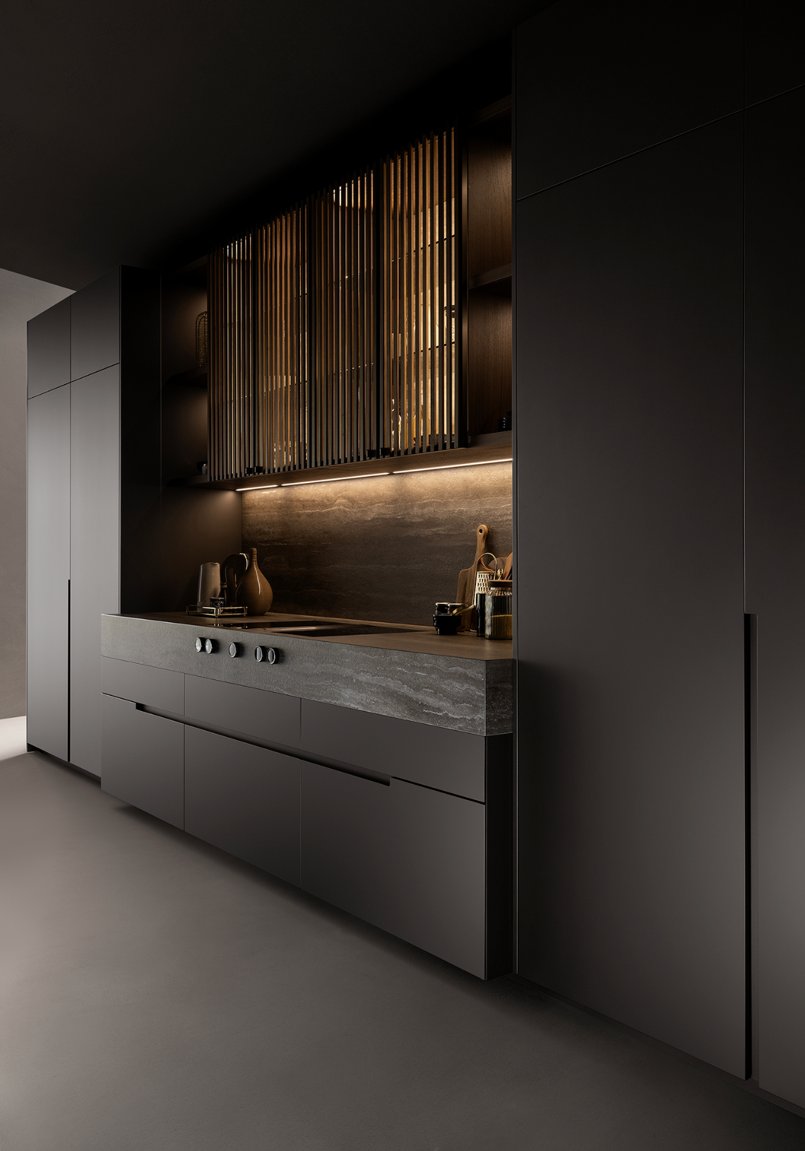 Modern kitchen with dark cabinetry, wooden accents, and minimalist design.
