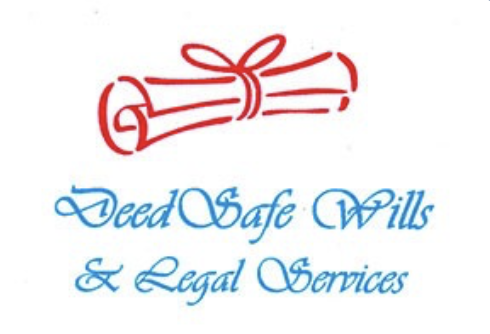 Logo for 'Deed Safe Wills & Legal Services' featuring a red rolled-up document tied with a ribbon above the company name in blue cursive.