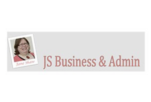 Logo featuring a photo of a woman, Jane Shaw, with text 'JS Business & Admin' in red.