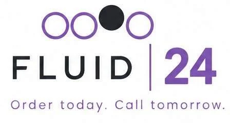 The logo of OO FLUID with purple and black circles and black text
