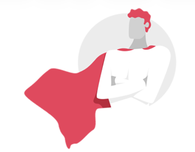 Illustration of a person with a red cape, crossed arms, and a red head, standing in front of a gray circle background.