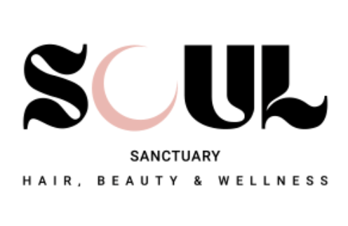 Logo for Souk Sanctuary Hair, Beauty & Wellness with stylized text and a pink crescent moon.