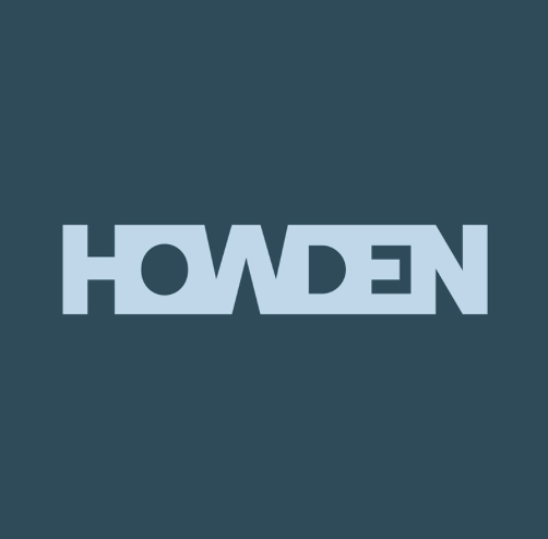 Logo with the name 'HOWDEN' in large, light blue letters on a dark blue background.
