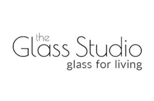 Logo for The Glass Studio with the tagline "glass for living" in black text.
