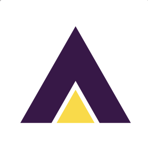 A geometric design with a large purple triangle, a smaller white triangle inside it, and a yellow triangle at the base.