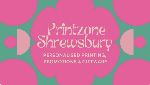 Pink and green logo for Printzone Shrewsbury with the text 'Personalised printing, promotions & giftware'.