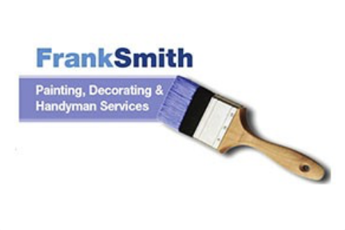 Business card for Frank Smith, painter, decorator, and handyman services, with a paintbrush illustration.