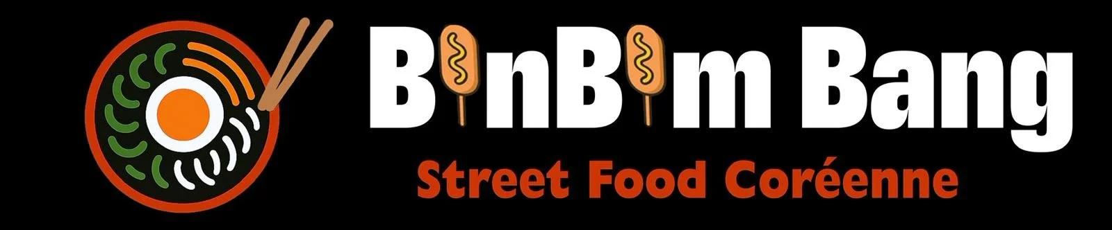 Logo d'un restaurant de street food coréenne, avec un ramen, des baguettes et le texte "Bin Bin Bang Street Food Coréenne" sur fond noir.