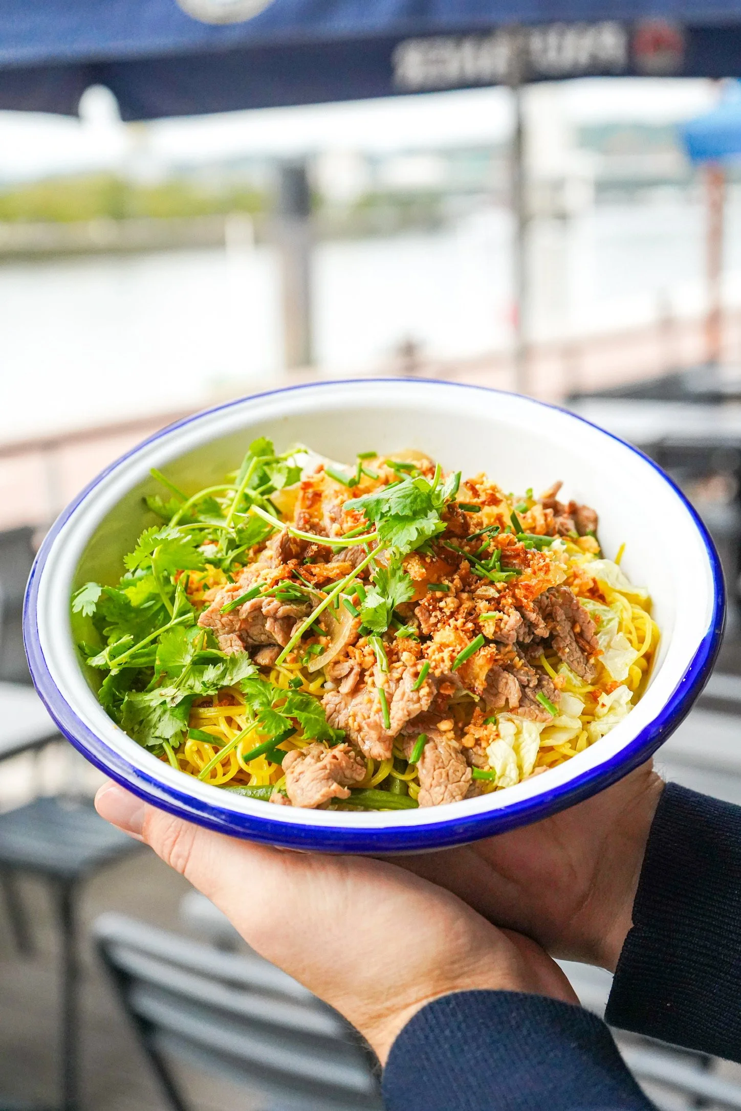 Bol de nouilles avec viande, légumes et coriandre, tenu par une main avec un fond flou d'extérieurs avec eau.