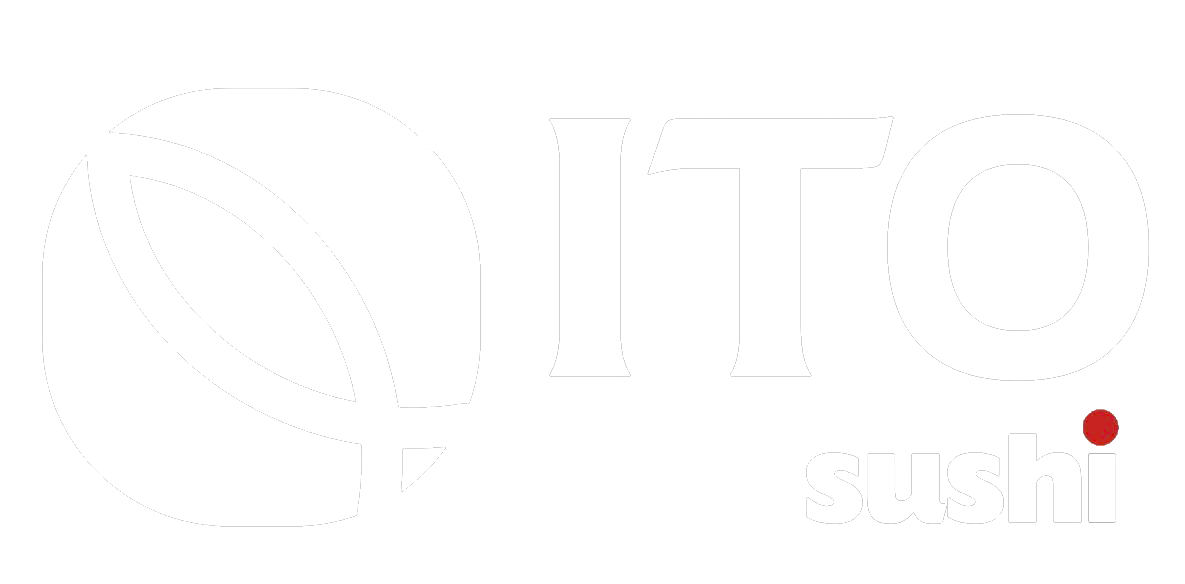 Logo du restaurant de sushi 'ITO sushi' avec une représentation stylisée d'un poisson et du texte en blanc, avec un point rouge au-dessus du 'i' dans 'sushi'.