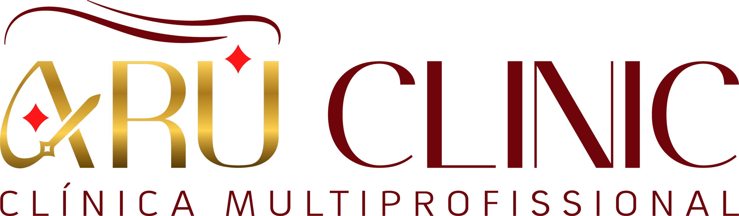 logo da clínica Abruclin, que oferece atendimento multiprofissional, com cores dourado, azul e vermelho.