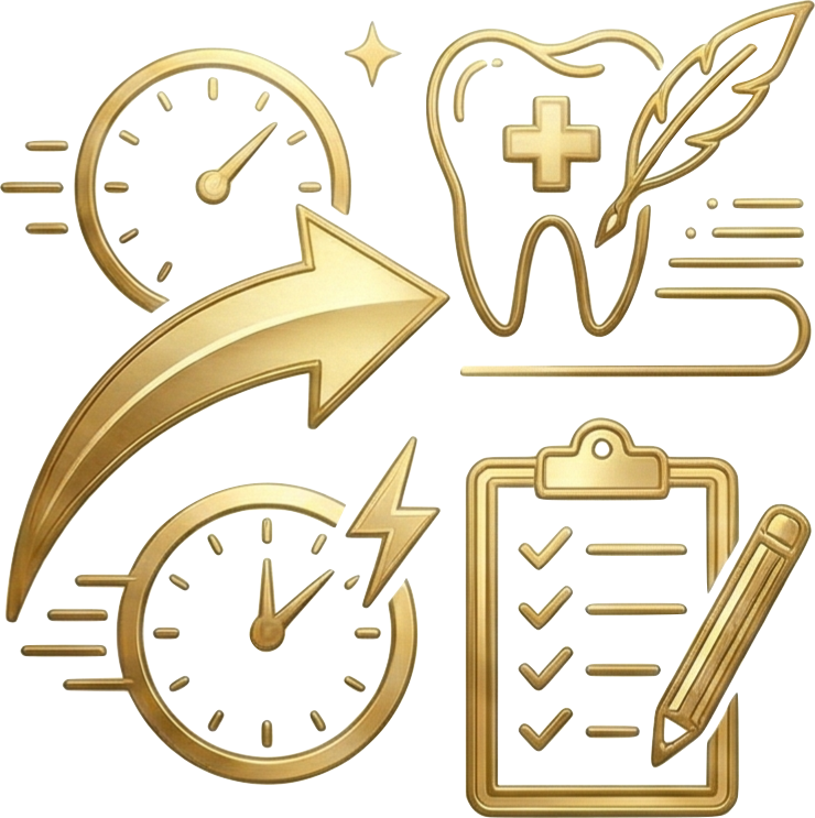 Conjunto de ícones relacionados à saúde dental, incluindo um dente com símbolo de cruz, uma escova de dentes, um relógio e um gráfico de checklist com marcações, tudo em estilo dourado
