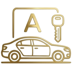 Ícone de carro com chave e uma letra A dourada, representando um conceito de carro, chave e autorização ou acesso