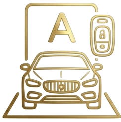 Ilustração de um carro em uma plataforma de exibição, com uma grande letra 'A' ao fundo e elementos relacionados a veículos.