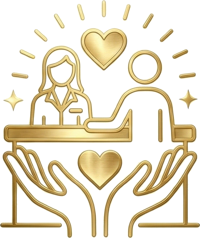 Ilustração dourada com uma mulher ao lado de um laptop, mãos segurando um coração, e outros dois corações flutuando acima, simbolizando cuidado e amor.