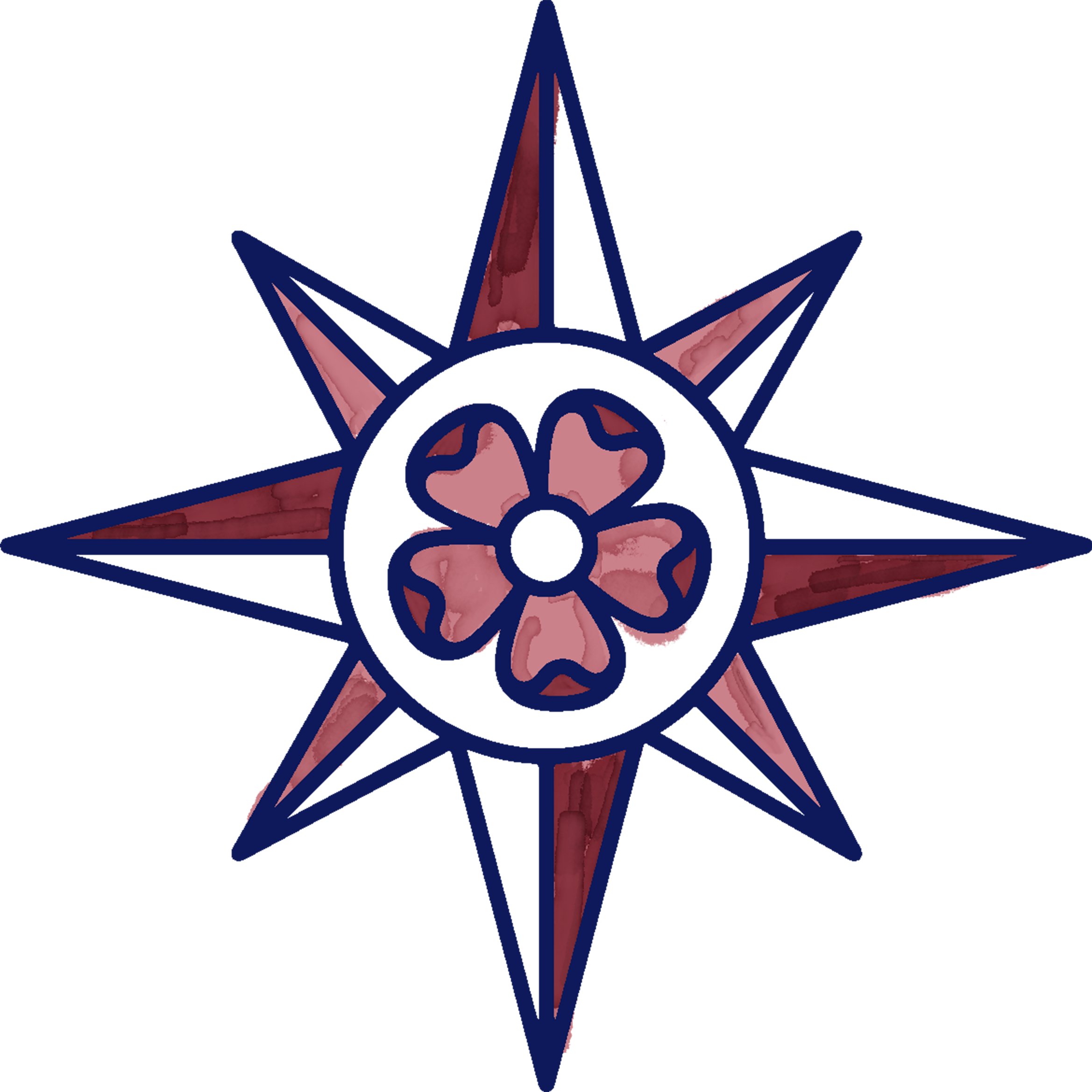 A stylized illustration of the Statue of Liberty's torch with a decorative star and flower motif in blue, pink, and red colors