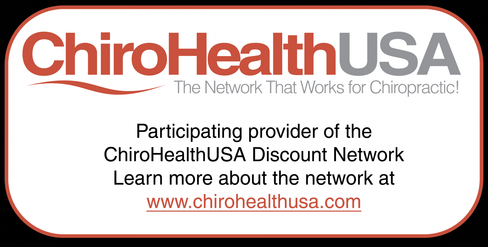 Logo of ChiroHealth USA with text announcing it as a participating provider of the ChiroHealthUSA Discount Network and encouraging viewers to learn more at www.chirohealthusa.com
