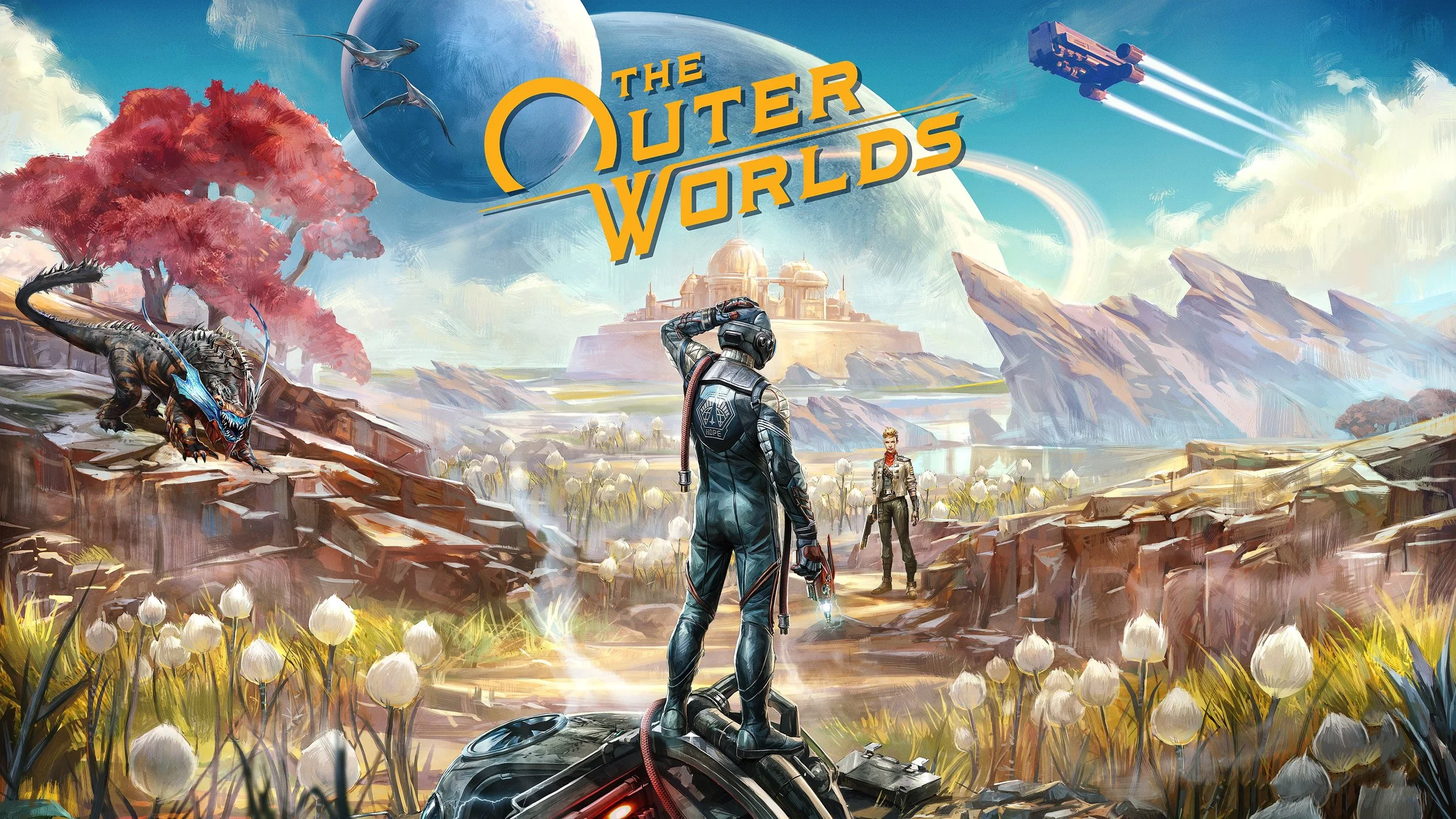 Futuristic scene of explorers on an alien planet with rocky terrain, cotton-like plants, a large pink leafed tree, flying spaceship, and distant domed structures, titled "The Outer Worlds."