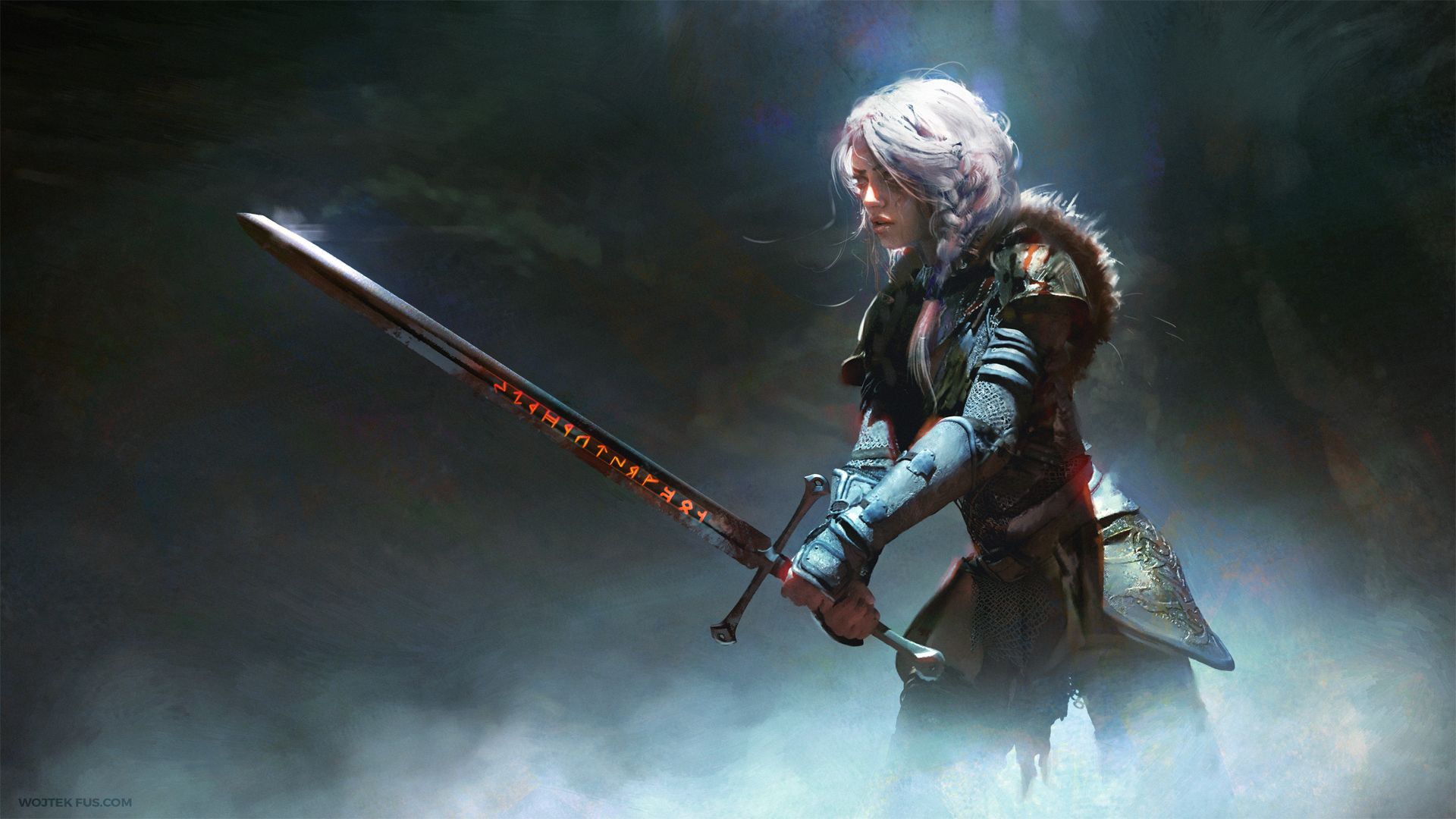A female warrior with long, wavy silver hair, dressed in armor, holding a sword with an inscription, in a foggy, dark background.