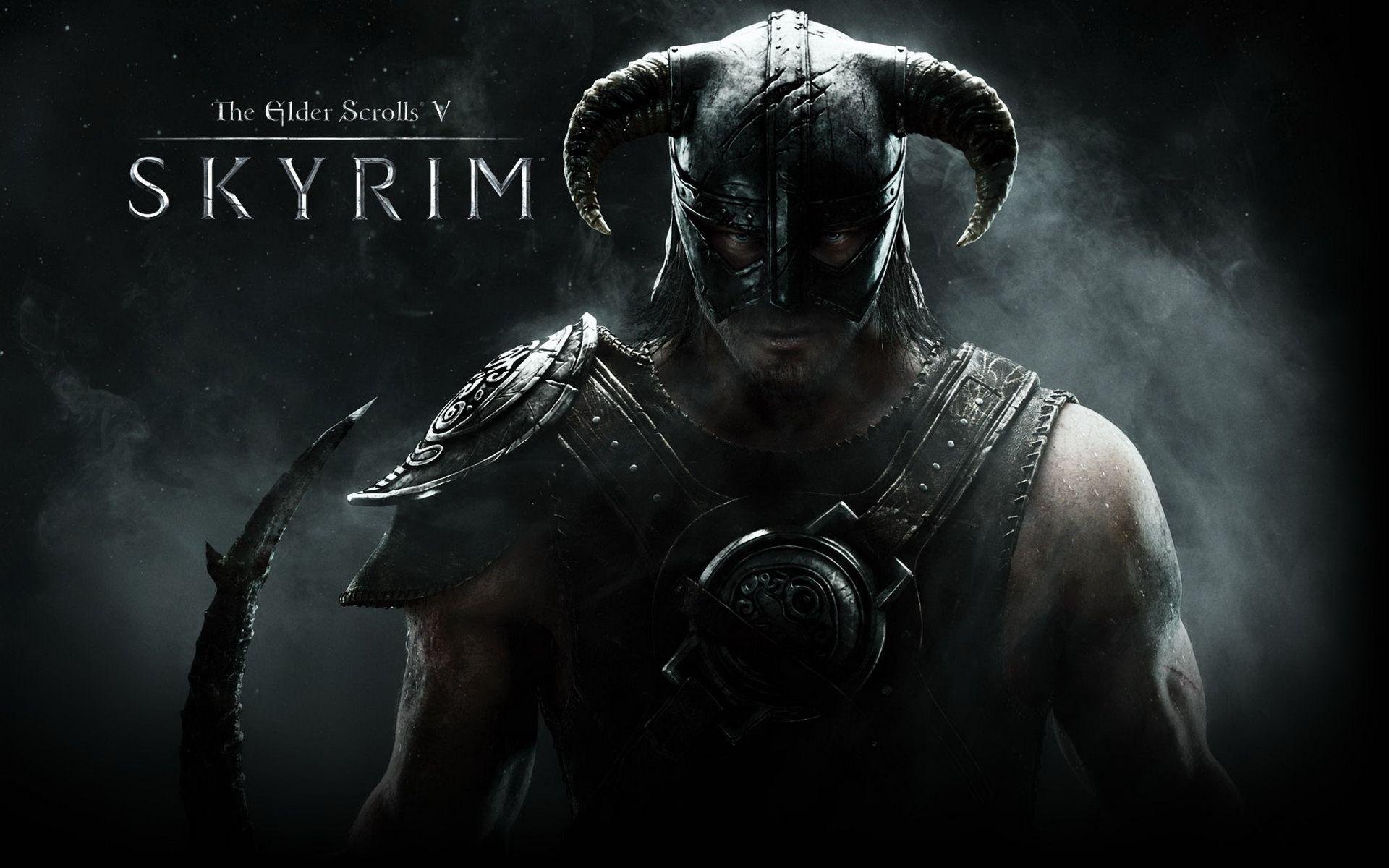 Dark fantasy image of a male character from Skyrim with horns on a helmet and armor, set against a smoky background, displaying title 'The Elder Scrolls V SKYRIM'.