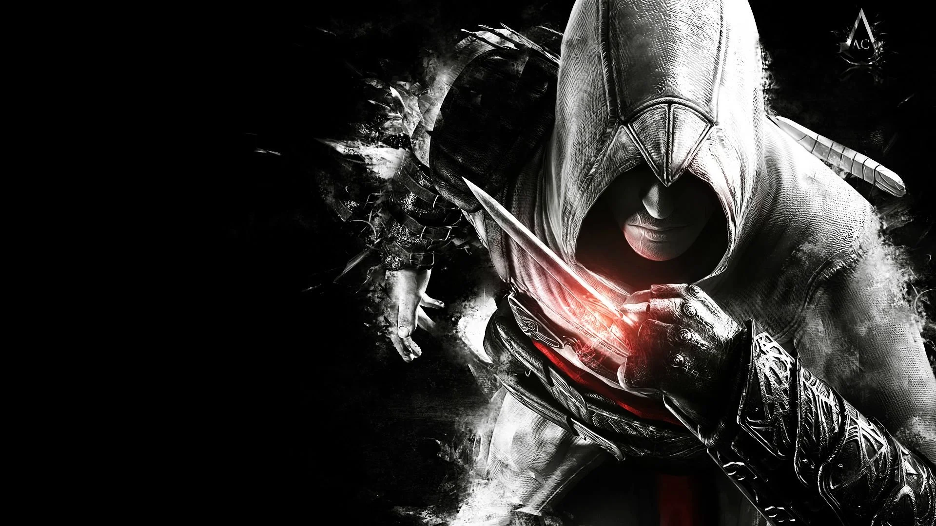 A hooded figure dressed as an assassin, holding a dagger with a red glow, with a dark, abstract background.