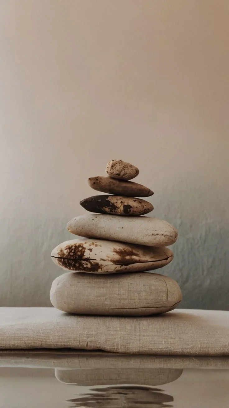 Stack of seven smooth, rounded stones of varying sizes and colors, balanced on a folded beige cloth.