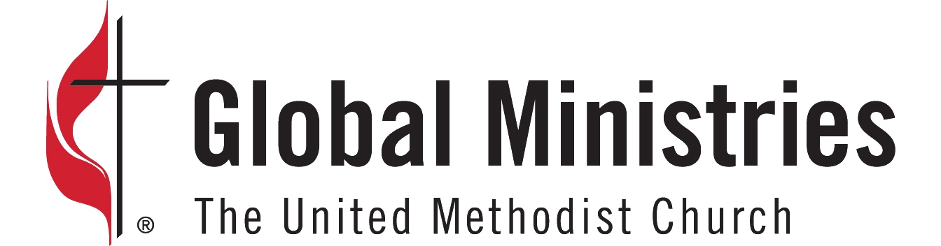 Logo of Global Ministries, the United Methodist Church, featuring a red and black flame and cross symbol with black text.