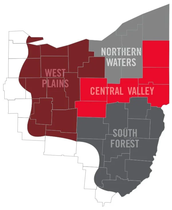 Map of a region divided into five areas: West Plains, Northern Waters, Central Valley, South Forest, and an unspecified area, with different shades and labels.