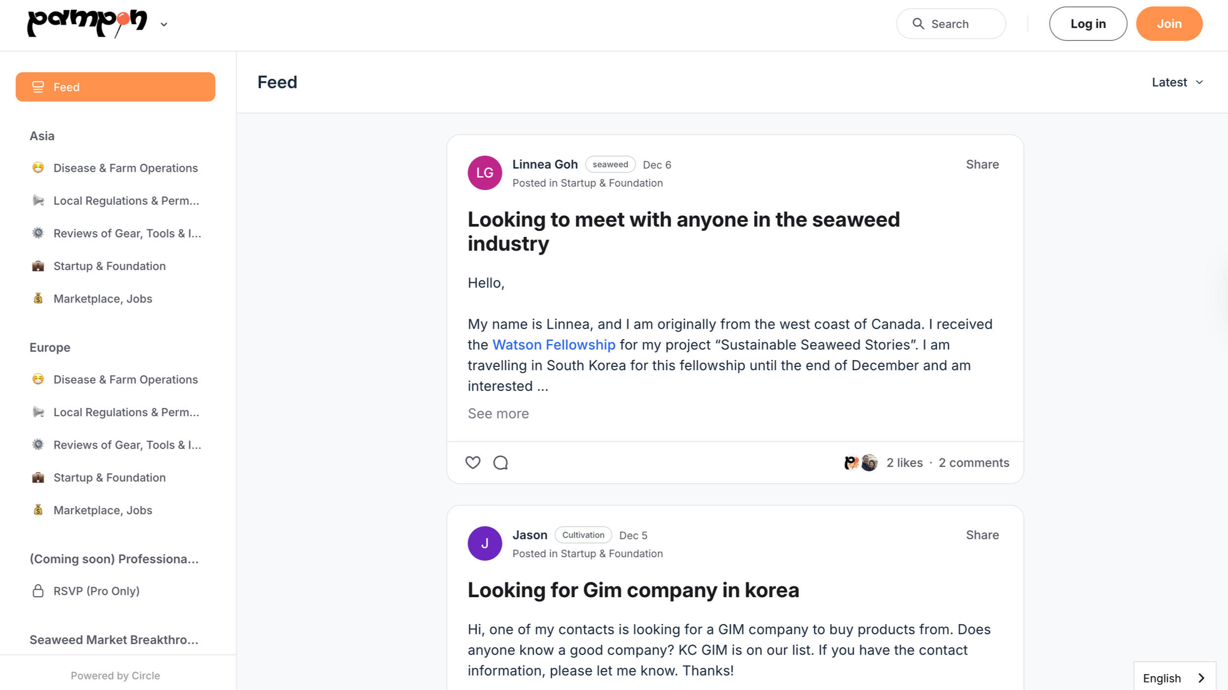 Screenshot of a social media feed with posts related to the seaweed industry, including search categories on the left sidebar for Asia and Europe, and posts about meeting industry contacts and seeking companies in Korea.