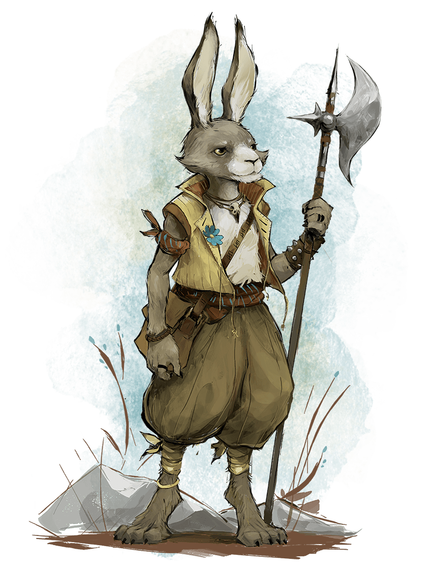 Anthropomorphic rabbit warrior holding a battle axe, wearing medieval style clothing with a blue flower on shirt, standing on rocky terrain with mountains in background.