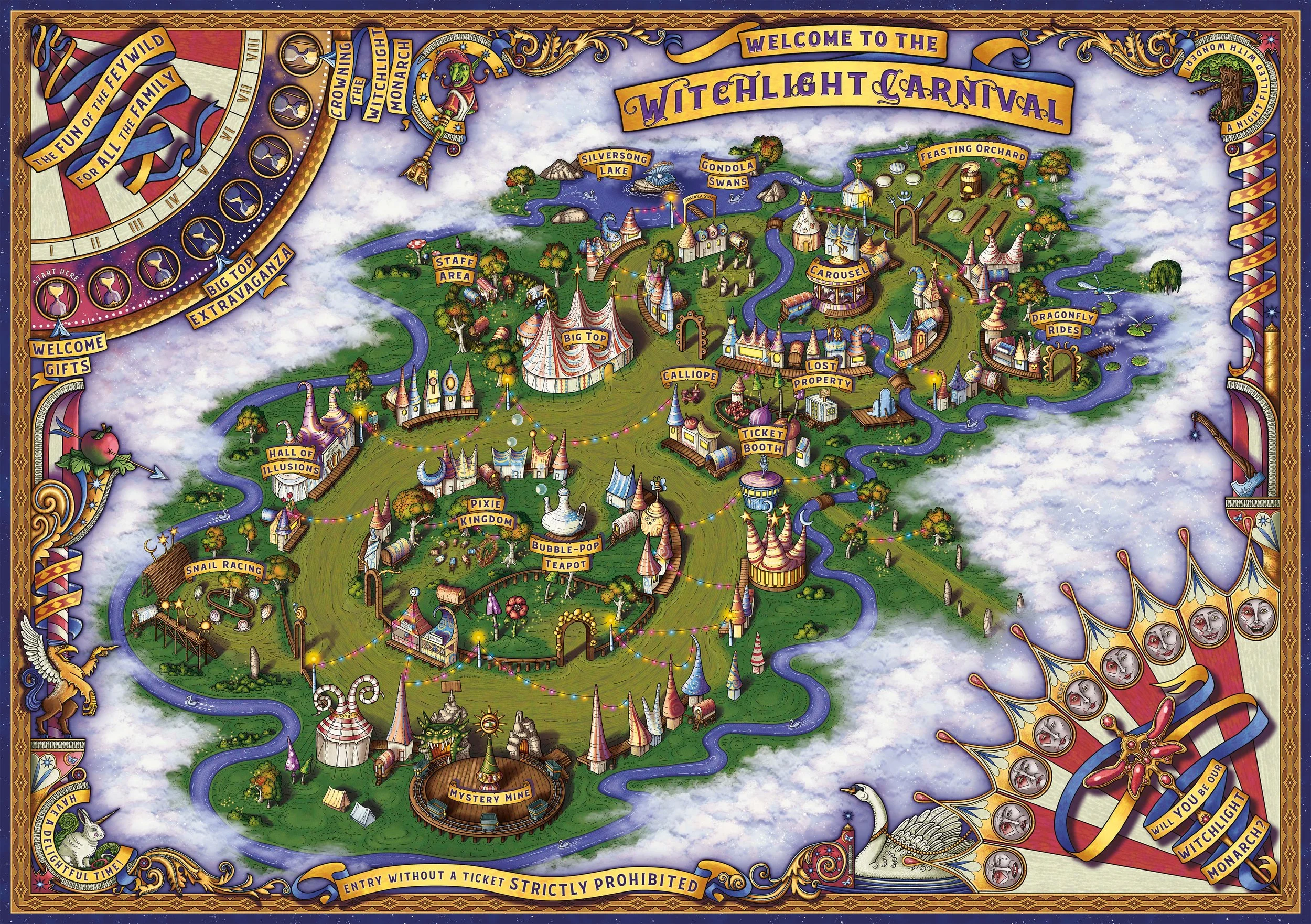 Map of a whimsical carnival called the Witchlight Carnival featuring various attractions such as Silversong Lake, Gondola Swans, a carousel, dragonfly rides, a hall of illusions, Pixie Kingdom, bubble-pop teapot, mystery mine, and a glowing orchard, with decorative borders and playful illustrations.