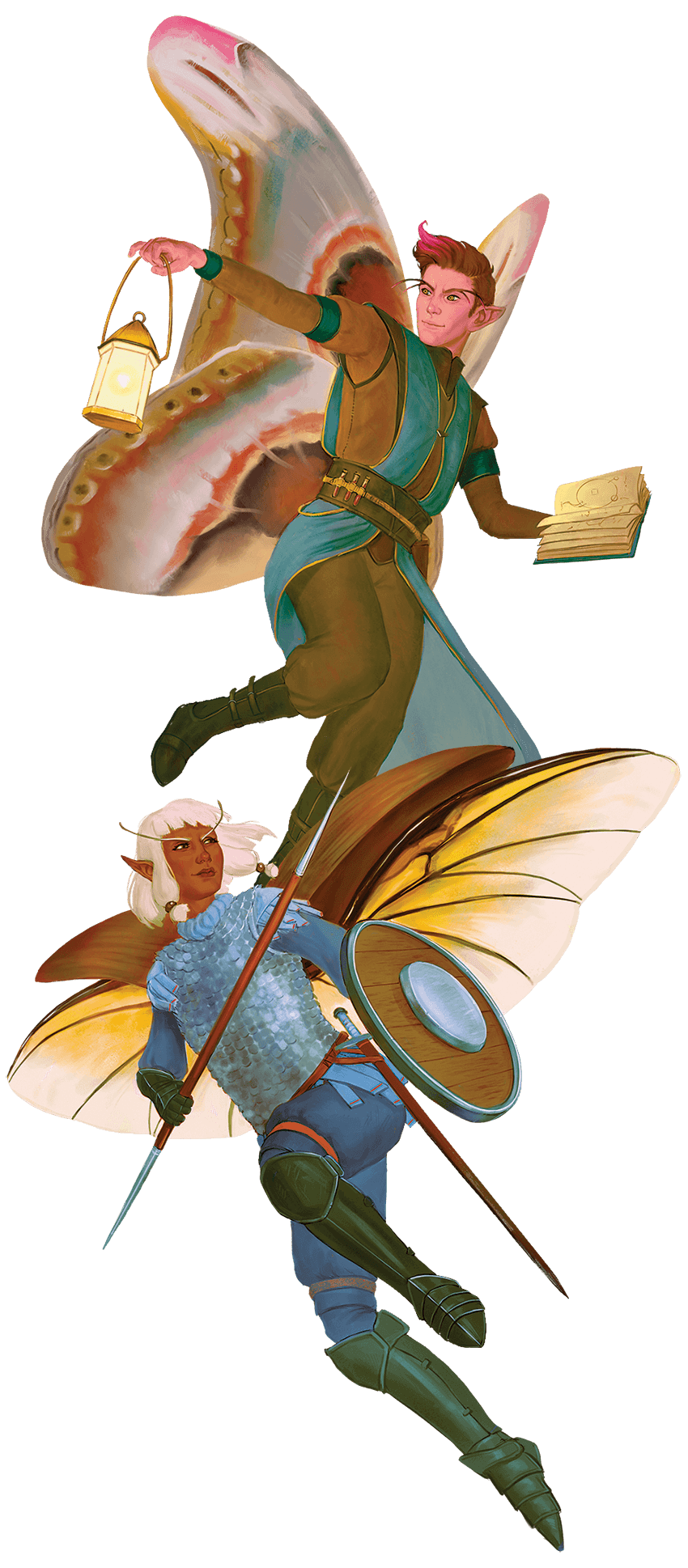 Fantasy scene featuring two fairy characters with butterfly wings, wielding weapons and holding scrolls and a lantern, set against a black background.
