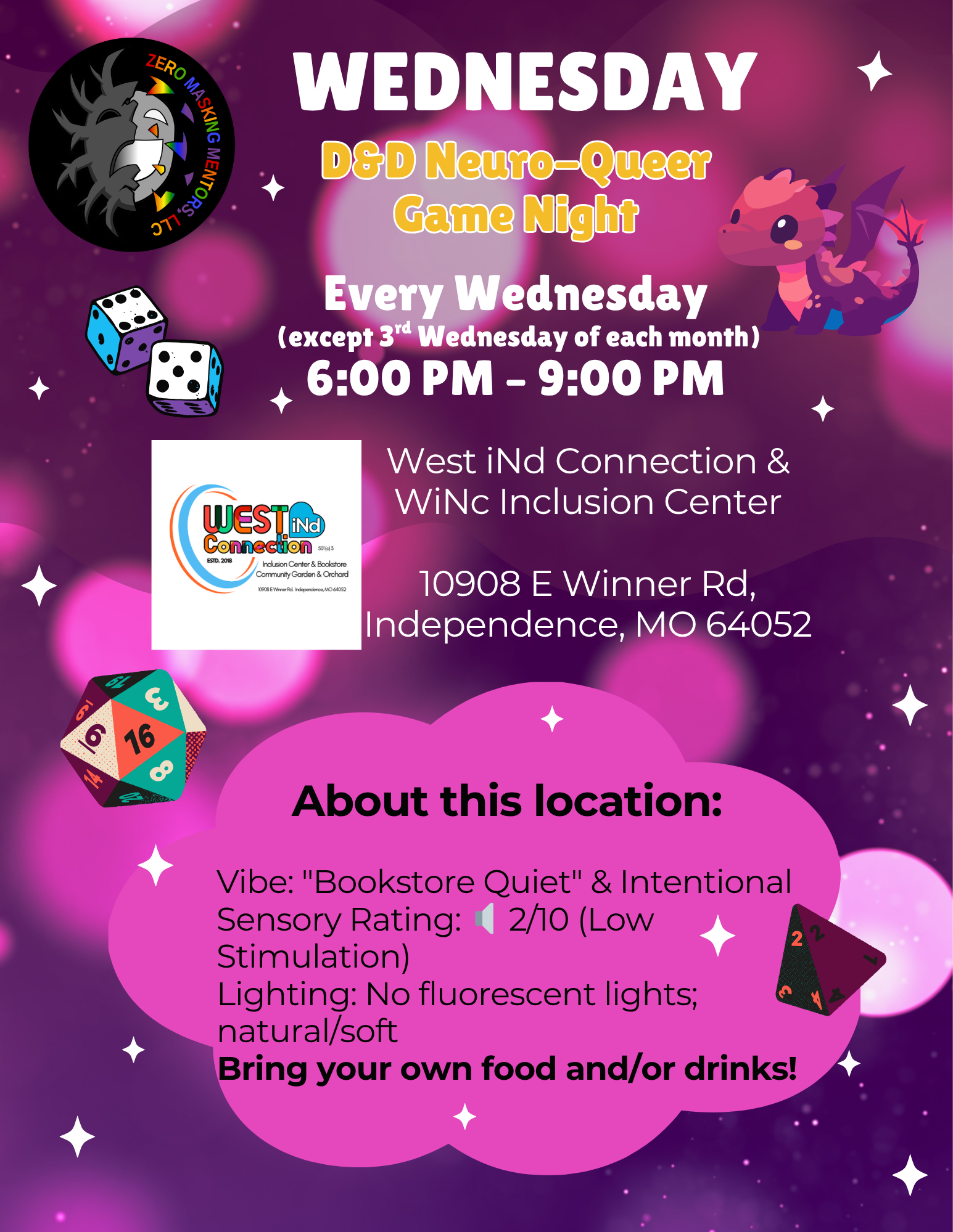 A colorful digital poster advertising a weekly Game Night event at the West End Connection & Wincc Inclusion Center. The poster features a purple galaxy background with star graphics, images of a dragon cartoon character, dice, and a logo for the event organizer. It provides details about the event, including time, location, and special notes for attendees.
