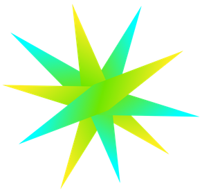 Colorful geometric star with sharp edges and gradient shades of yellow, green, and blue.