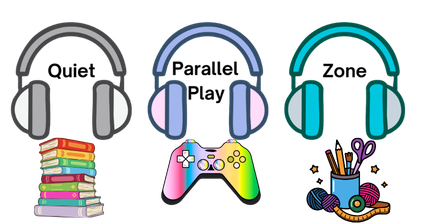 Three pairs of headphones placed above stacks of books, with a game controller and a container of pens and pencils below.