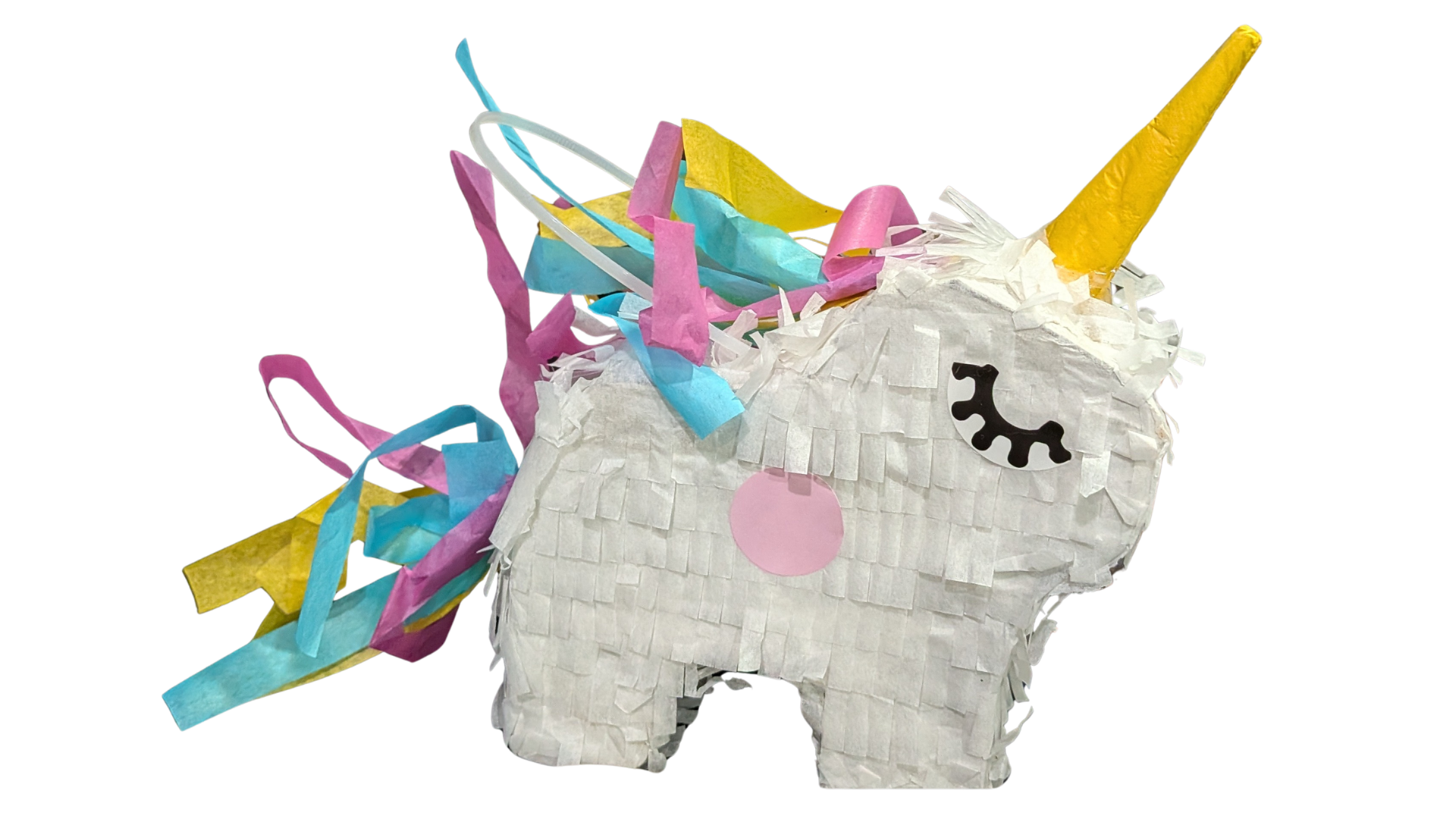 Colorful unicorn piñata with a yellow horn, pink cheeks, and decorative paper strands on a black background.