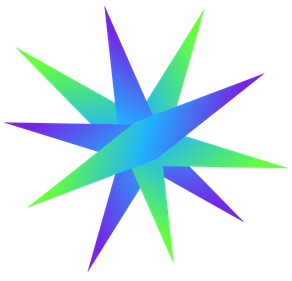 A 3D colored geometric star with sharp, elongated points in blue, green, and purple.