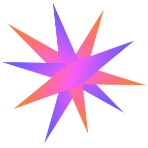 Colorful, geometric starburst shape with sharp points in pink, purple, and orange against a black background.