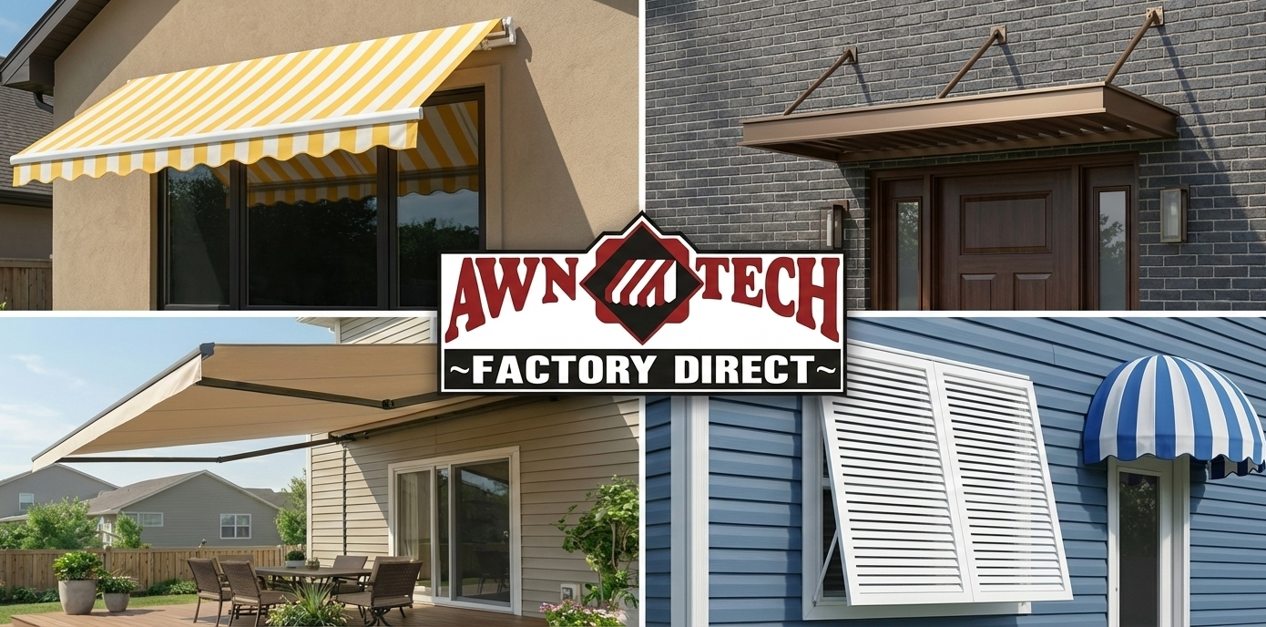 Collage of four different house window coverings and awnings from Awn Tech company