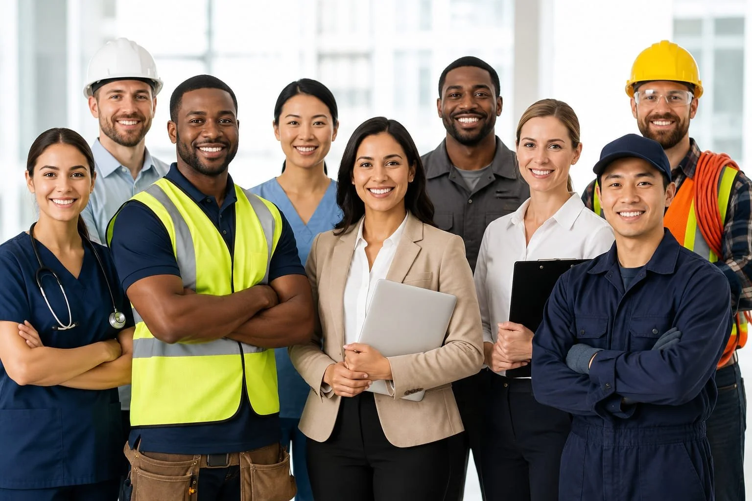 Group of diverse professionals, including healthcare workers, engineers, and office workers, smiling in an office setting.