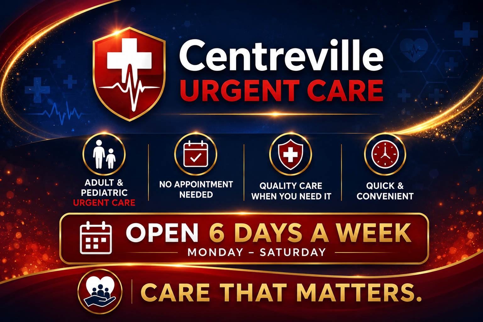 A promotional graphic for Centreville Urgent Care featuring a red medical shield emblem with a white cross and heartbeat line. The graphic highlights that the center offers adult and pediatric urgent care, no appointment needed, quality care when needed, and is quick and convenient. It states the center is open six days a week, Monday through Saturday, with a slogan, "Care that matters." The background is dark with glowing orange and gold accents.