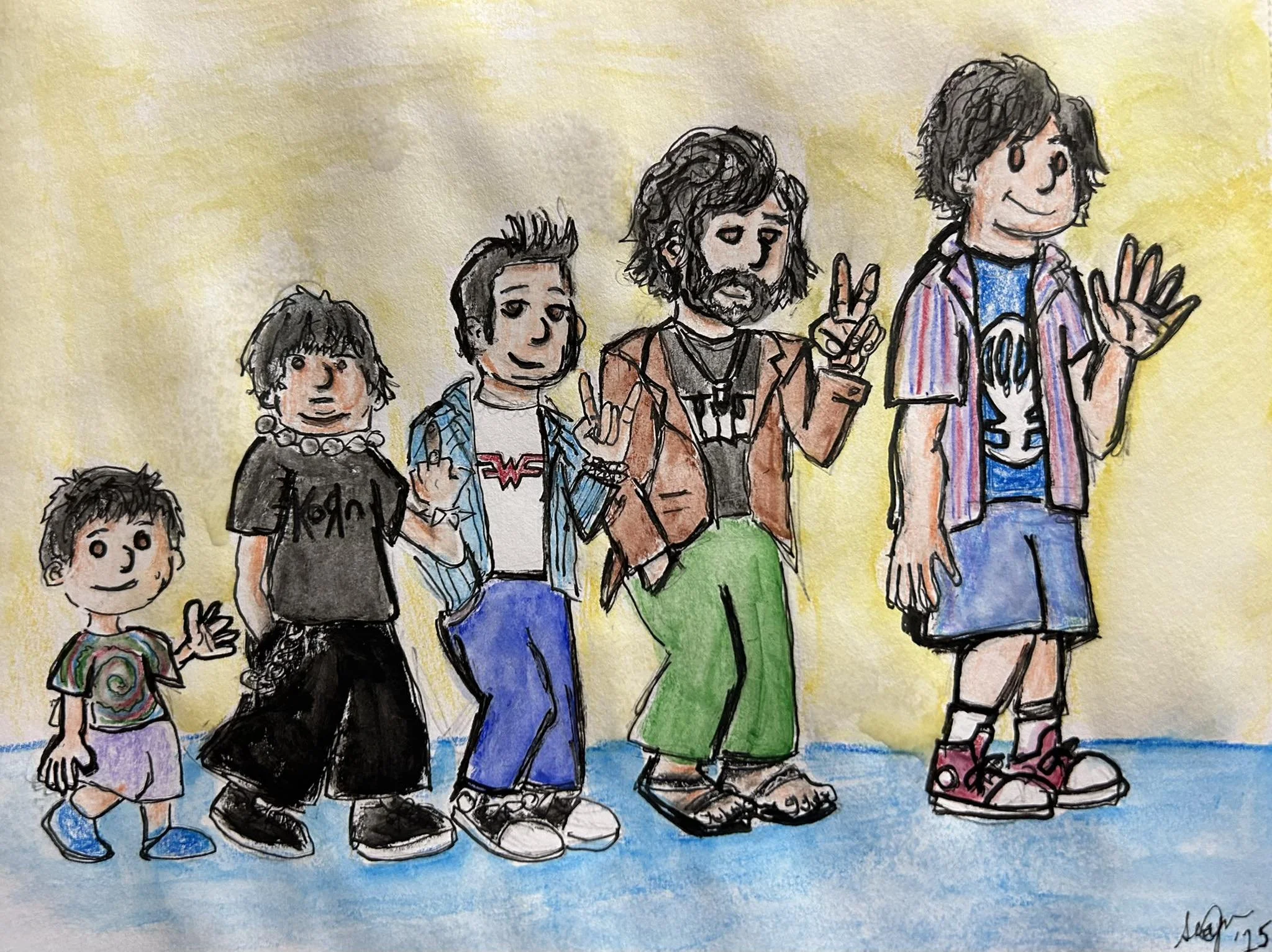 An illustration titled the evolution of Sean. Five male figures all in various life stages, including a hippie baby in a tie-dye shirt, a chain wearing tween in a Korn tee, a Hot Topic punk in a Weezer shirt, a midwest emo musician in a cardigan.