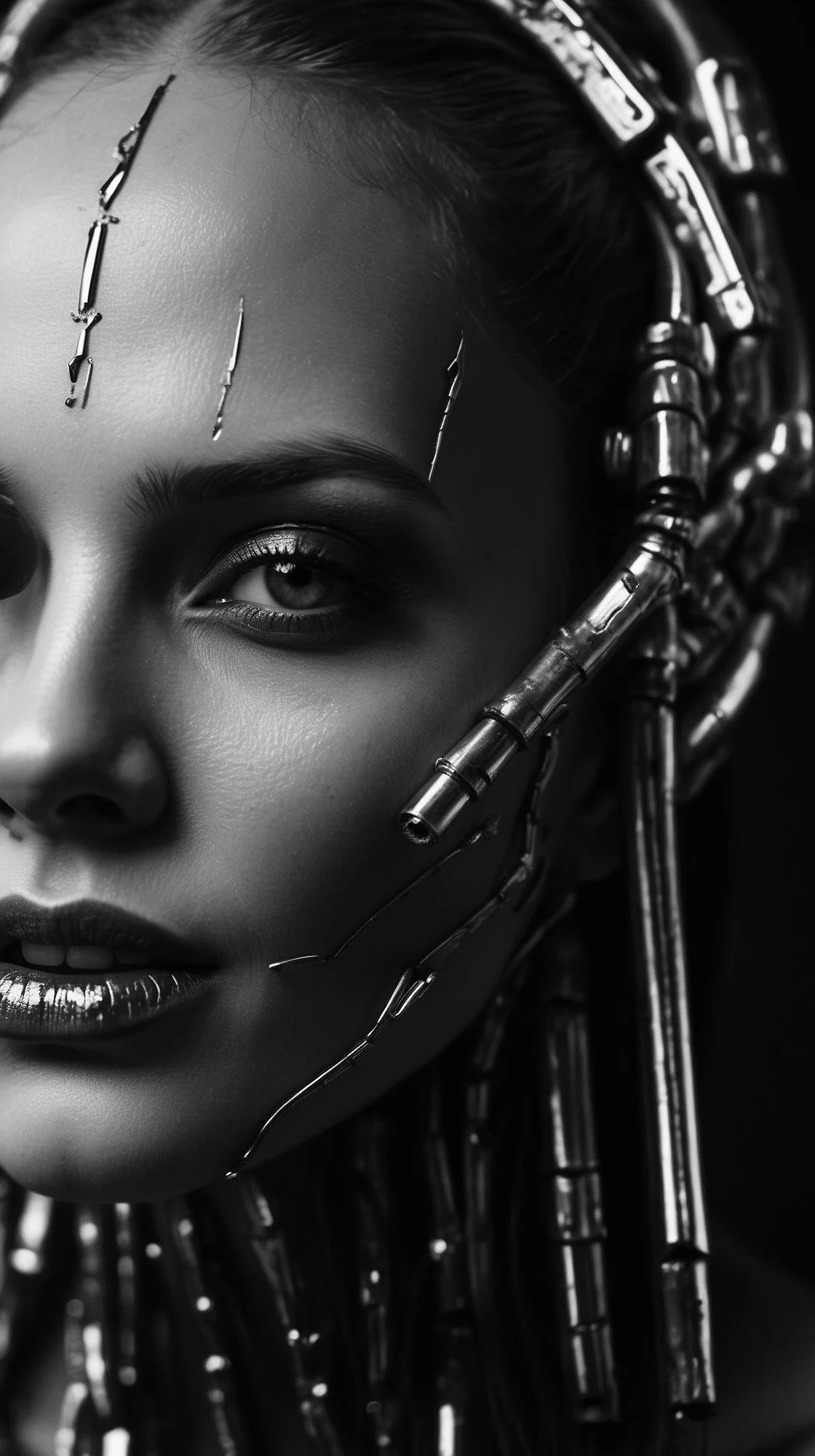 Close-up black and white portrait of a woman with futuristic elements, with metallic and mechanical components intertwined with her hair and skin, giving a cybernetic appearance.