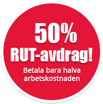 Röd rund skylt med vit text som indikerar 50 % skatteavdrag