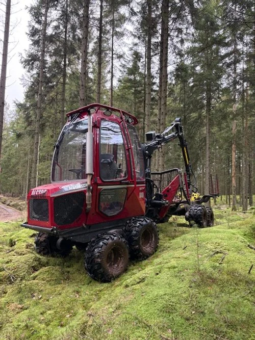 Röd skogsmaskin med hytt och hydraularm i en mossig skog med höga tallar.