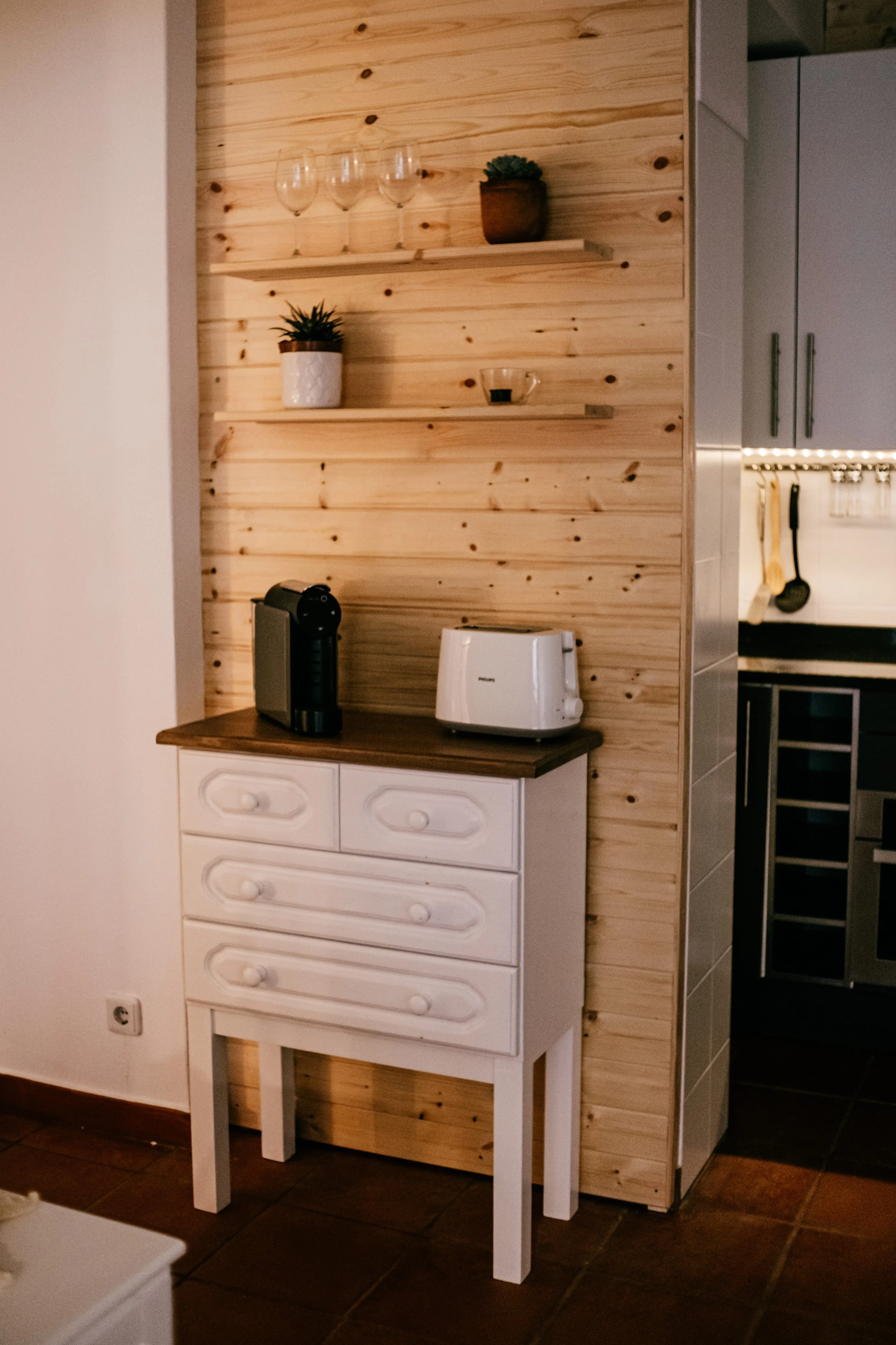 floating shelves with wooden decorative wall