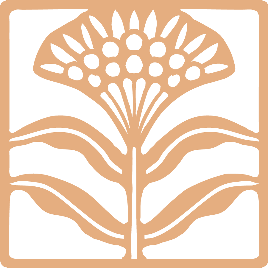 A stylized flower with a fan-shaped top and elongated leaves in a cut-out design with black and beige colors.