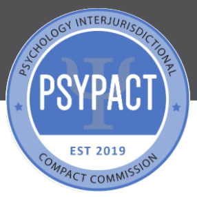Logo for PsyPACT, an organization established in 2019, representing the Psychology Interjurisdictional Compact Commission, with a blue circular design and text.