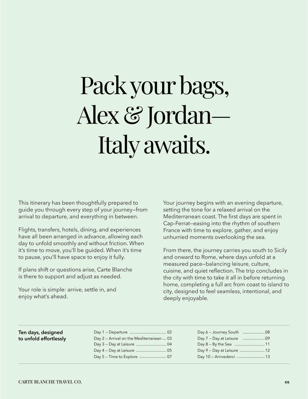 Travel itinerary page titled 'Pack your bags, Alex & Jordan – Italy awaits' with detailed daily plan for a ten-day trip to Italy, organized into themed days focused on departure, arrival, leisure, exploring, journey south, leisure, by the sea, and arrival in Rome.