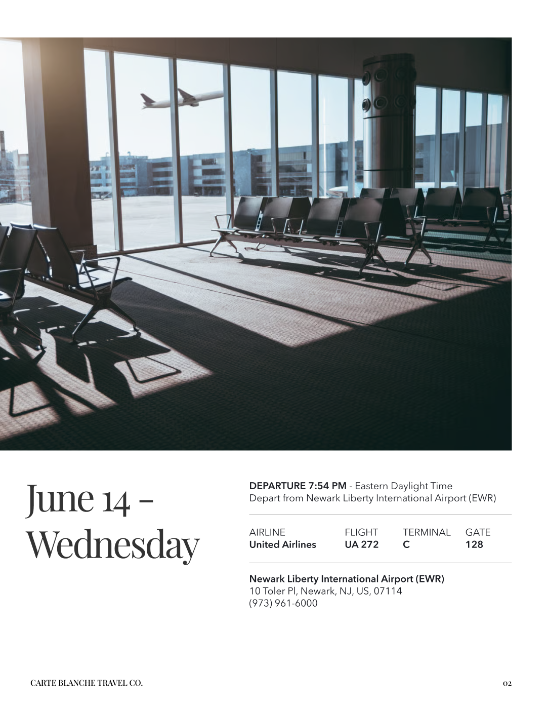 Empty airport terminal with rows of black seats, large windows showing a runway with a departing airplane, and a jet engine in the background.